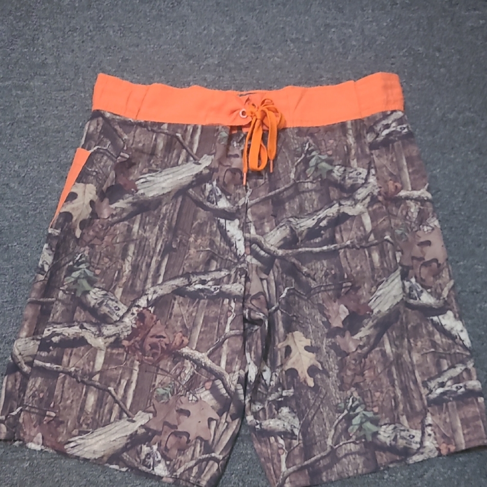 Camo Print Men's Swim Shorts with Orange Waistband